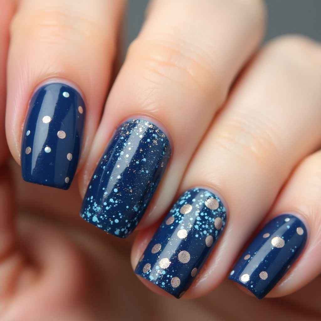 Navy Blue Dotting Nail Design