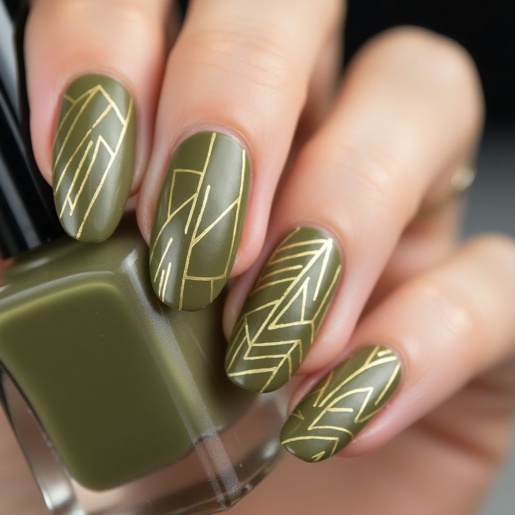 Olive Green Stripes And Lines Nail Design