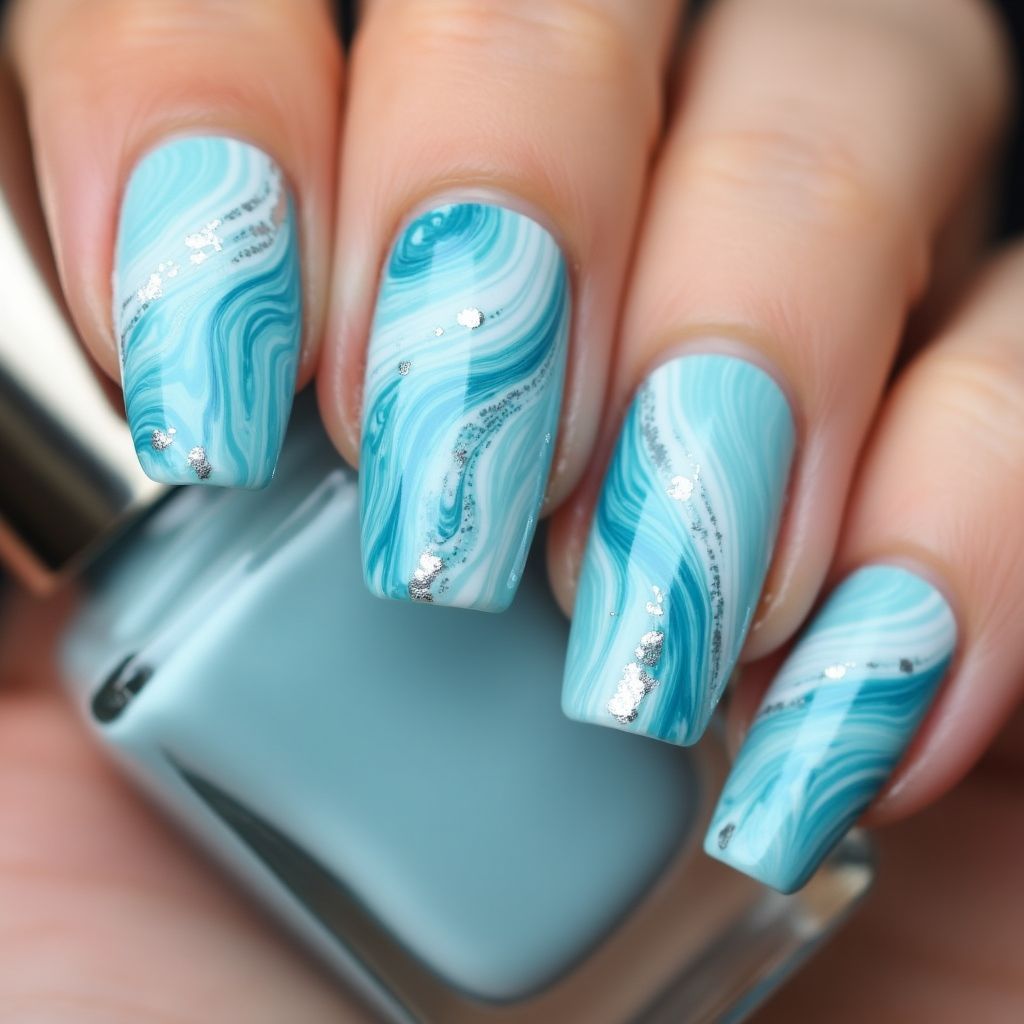 Sky Blue Water Marbling Nail Design