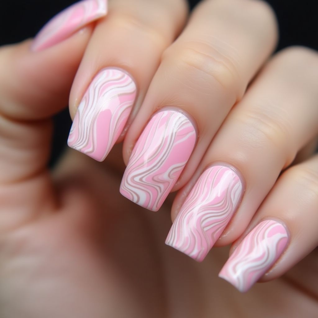 Baby Pink Water Marbling Nail Design