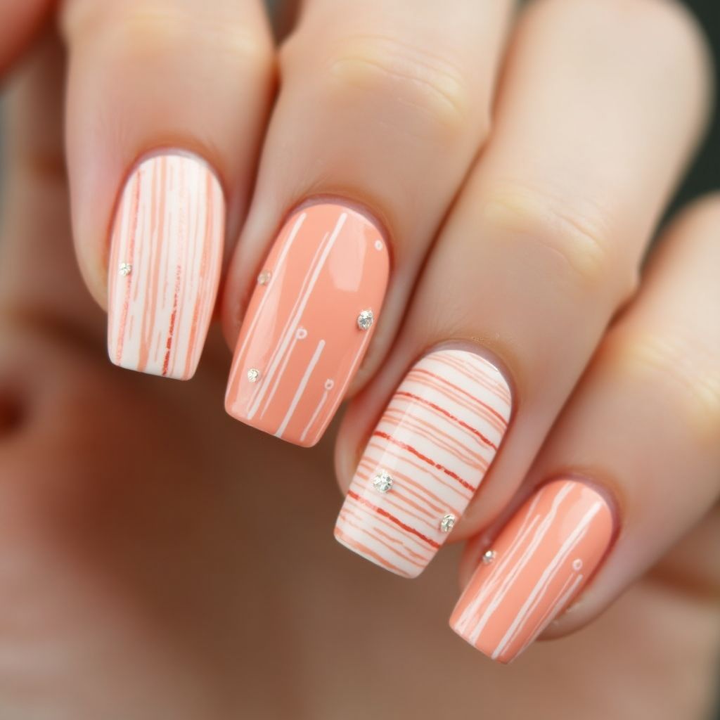 Peach Stripes And Lines Nail Design
