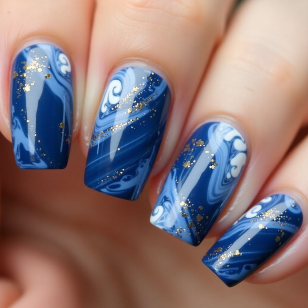 Navy Blue Water Marbling Nail Design