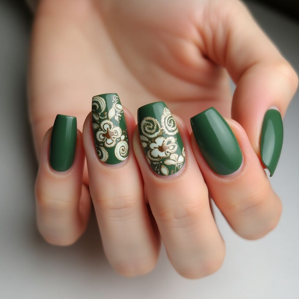 Olive Green Freehand Art Nail Design