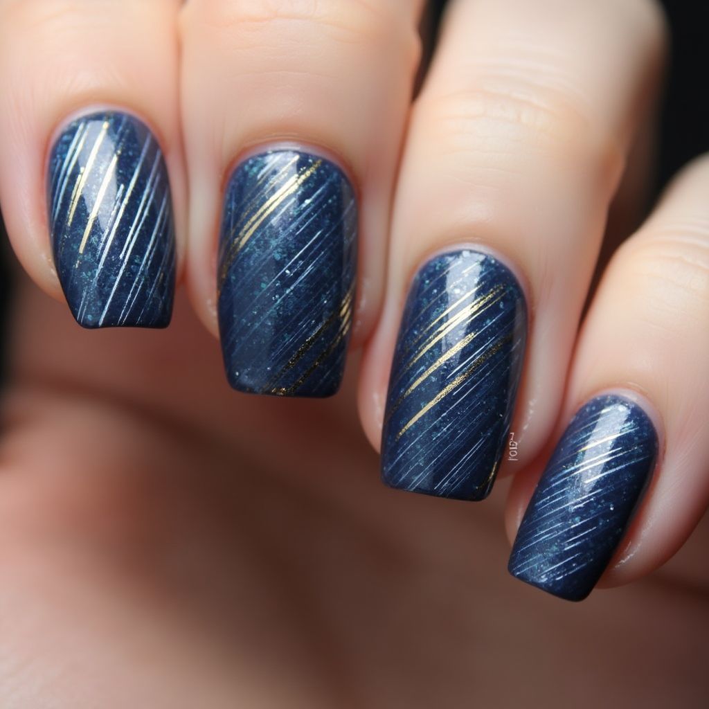 Navy Blue Stripes And Lines Nail Design
