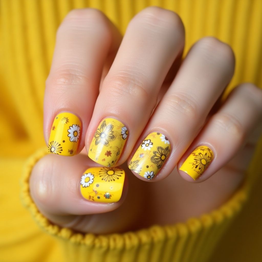 Yellow Freehand Art Nail Design