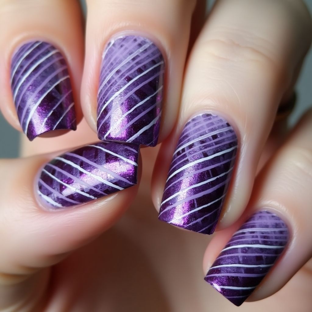 Purple Stripes And Lines Nail Design