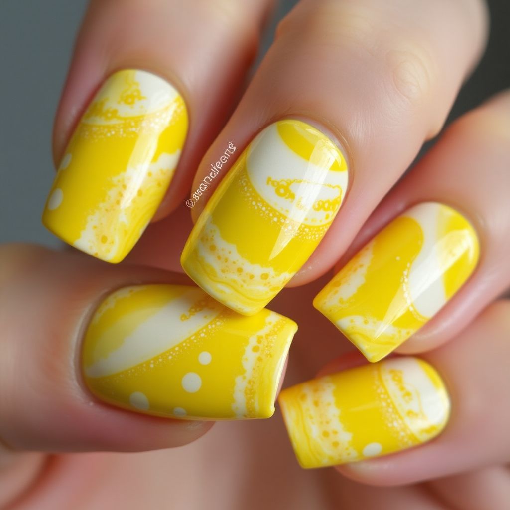 Yellow Water Marbling Nail Design