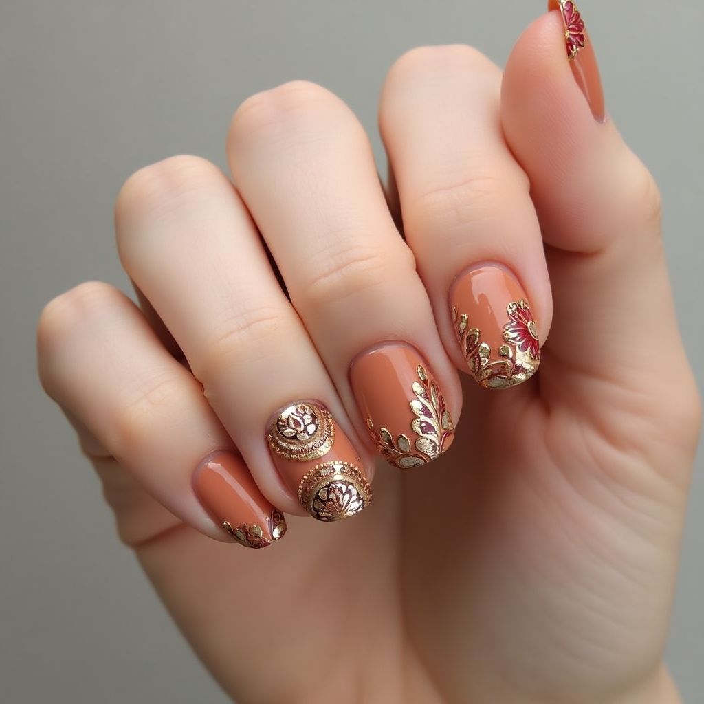 Tan Freehand Art Nail Design