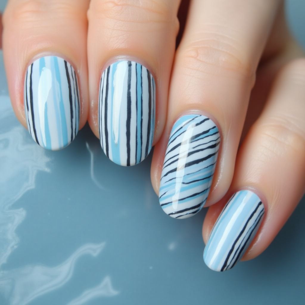 Baby Blue Stripes And Lines Nail Design