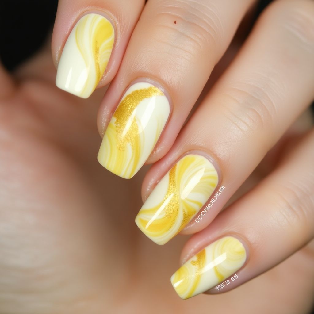 Pastel Yellow Water Marbling Nail Design