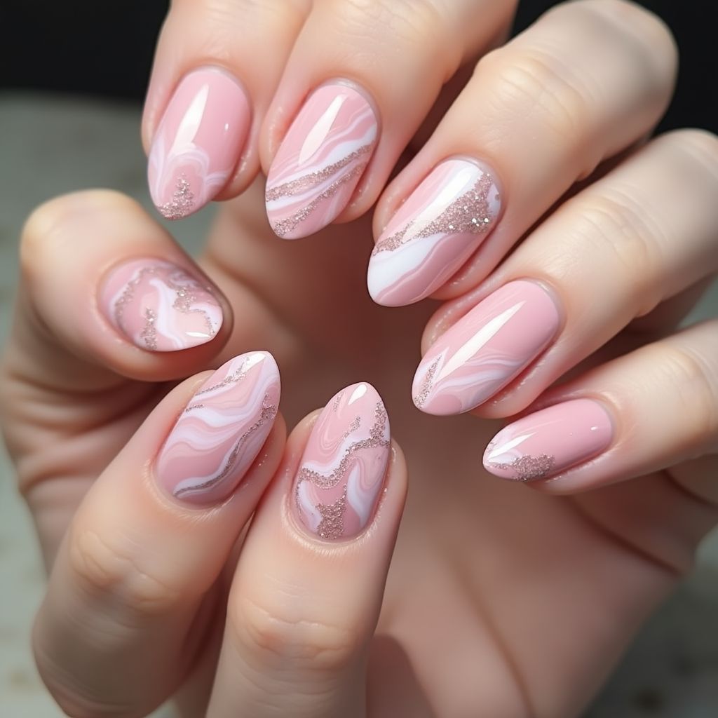 Baby Pink Water Marbling Nail Design