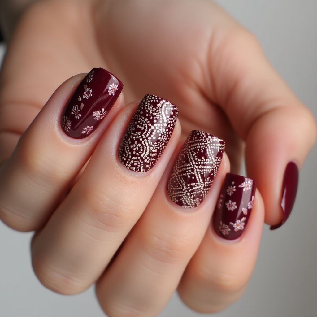 Burgundy Freehand Art Nail Design