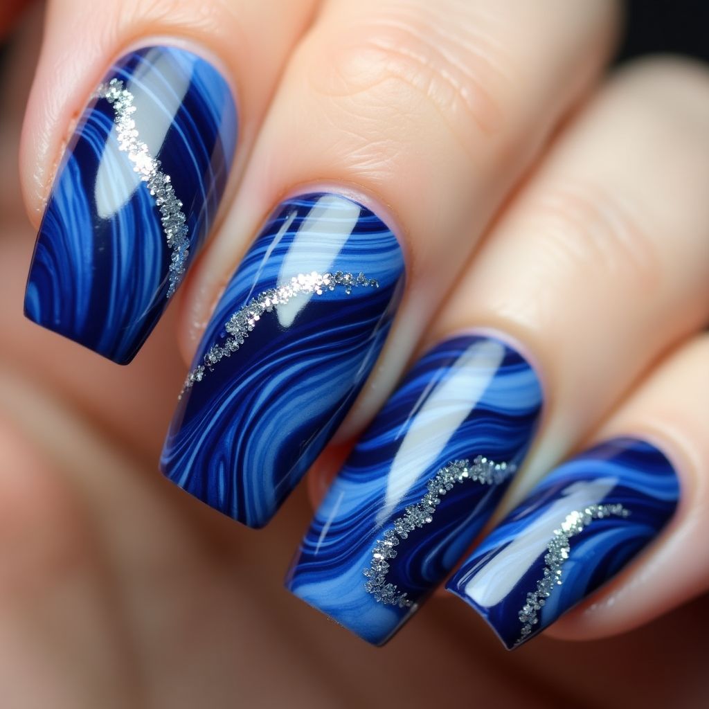 Navy Blue Water Marbling Nail Design
