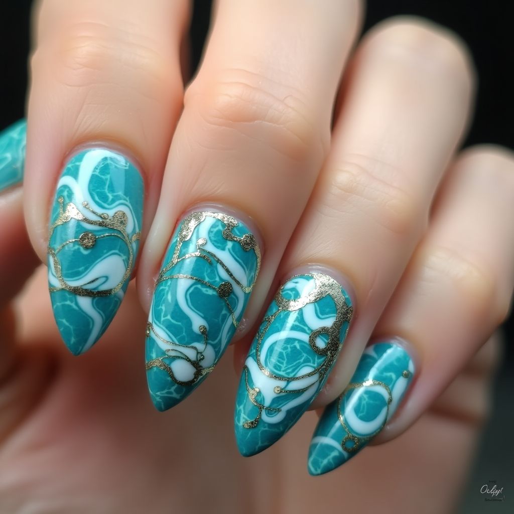 Turquoise Water Marbling Nail Design