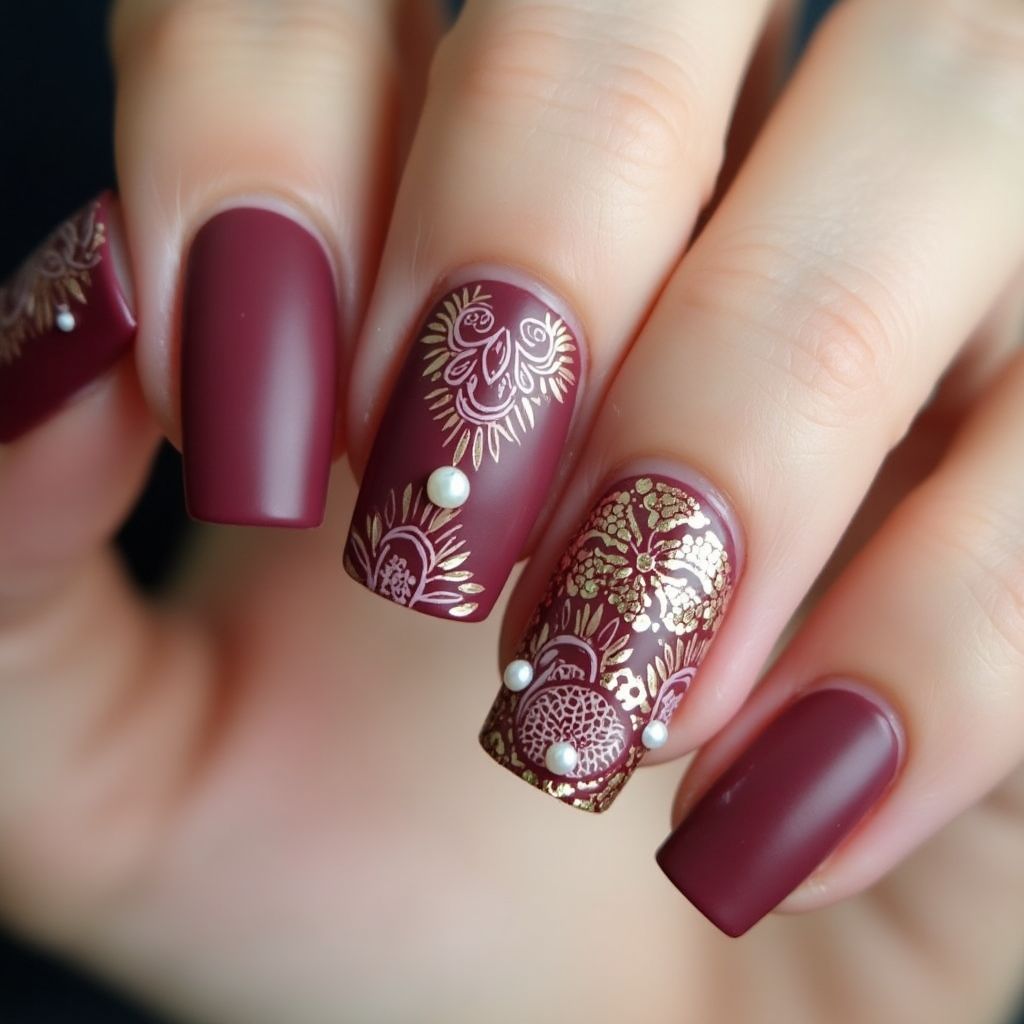 Burgundy Freehand Art Nail Design