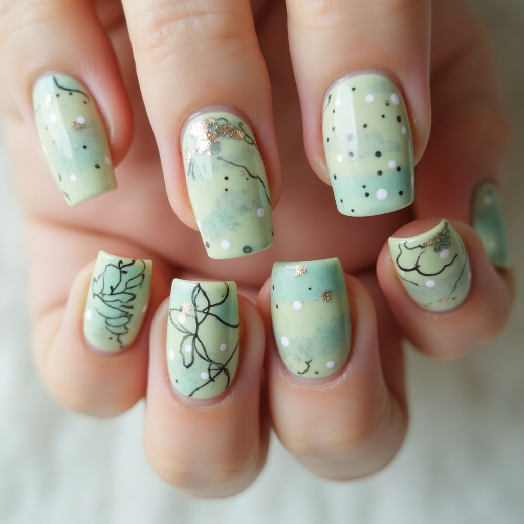 Pastel Green Freehand Art Nail Design