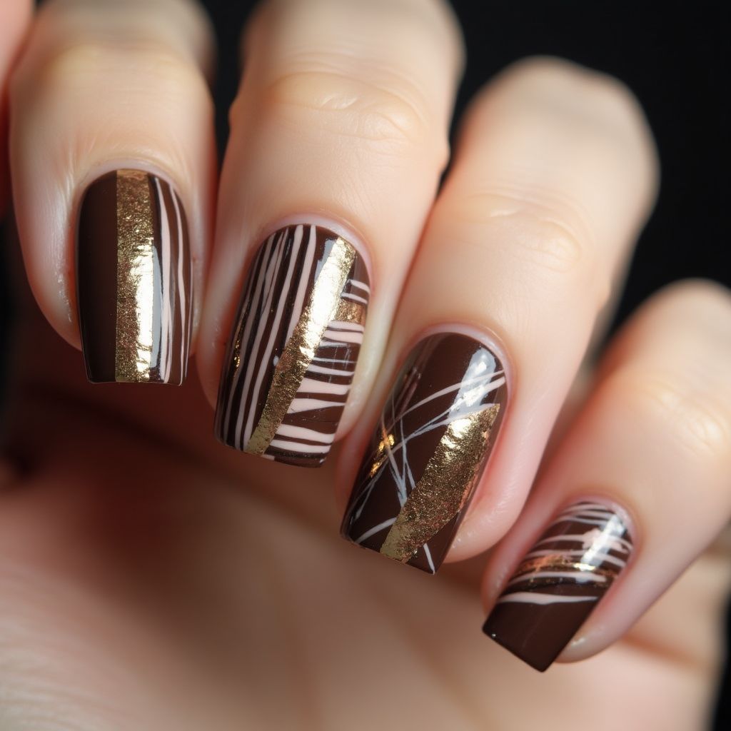 Chocolate Brown Stripes And Lines Nail Design