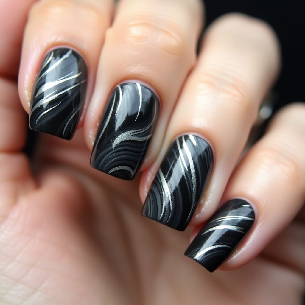 Charcoal Gray Water Marbling Nail Design