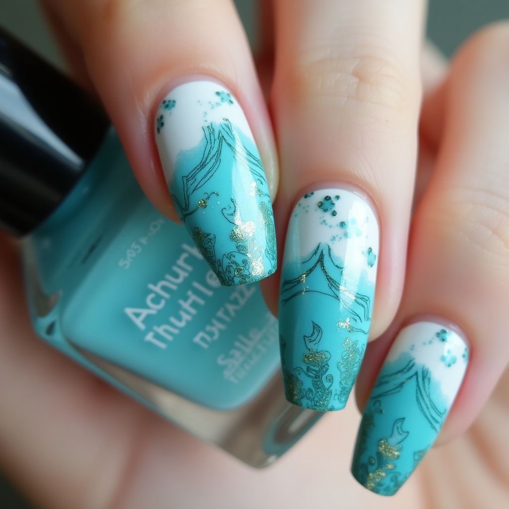 Turquoise Water Marbling Nail Design