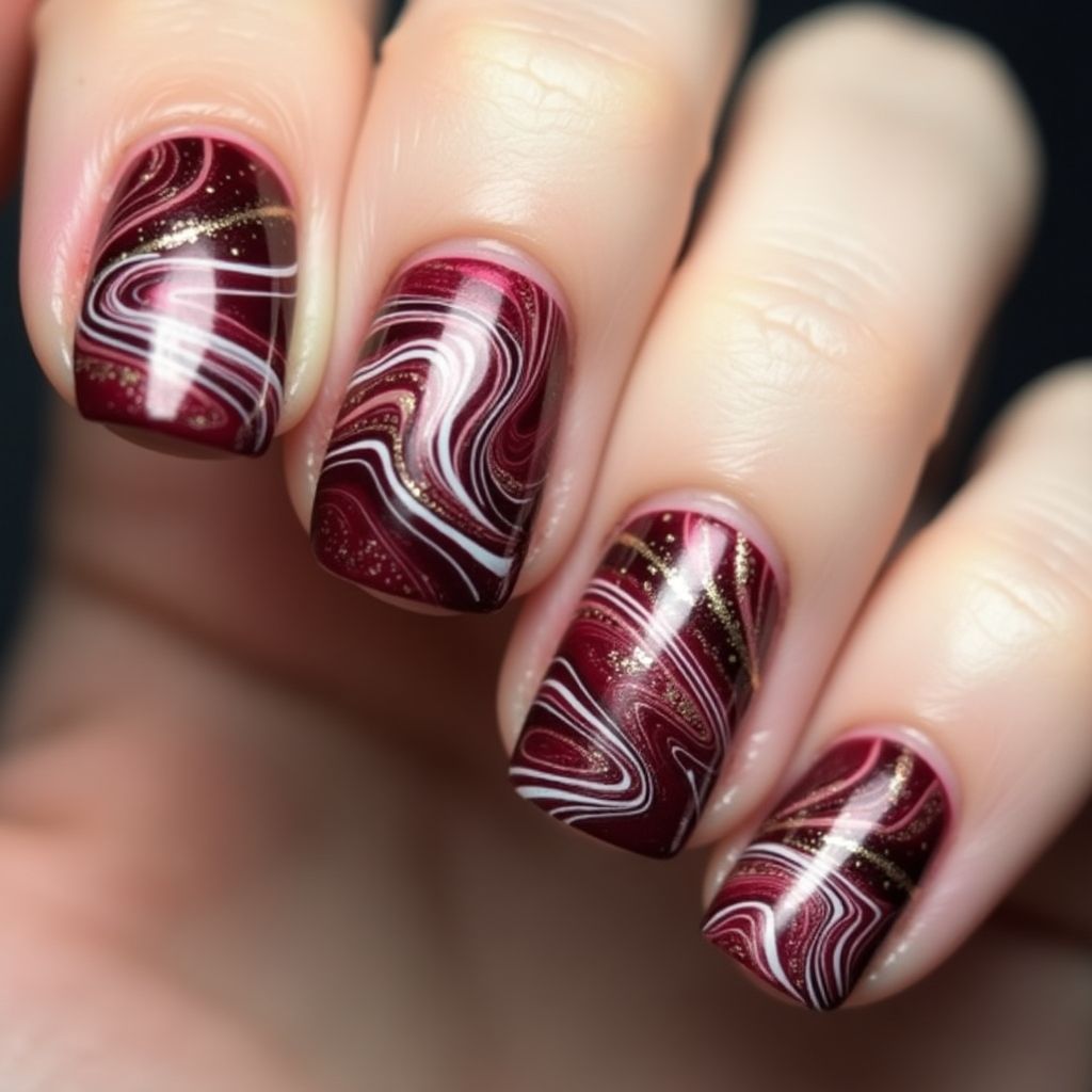 Burgundy Water Marbling Nail Design