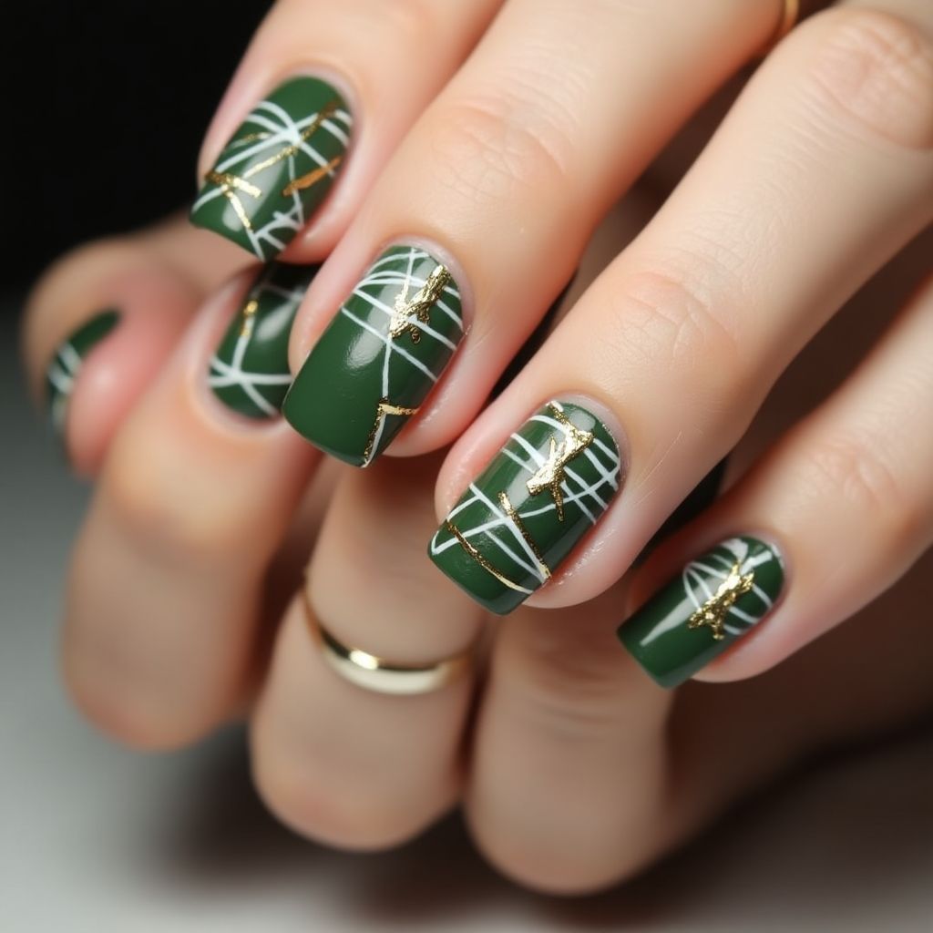 Olive Green Stripes And Lines Nail Design
