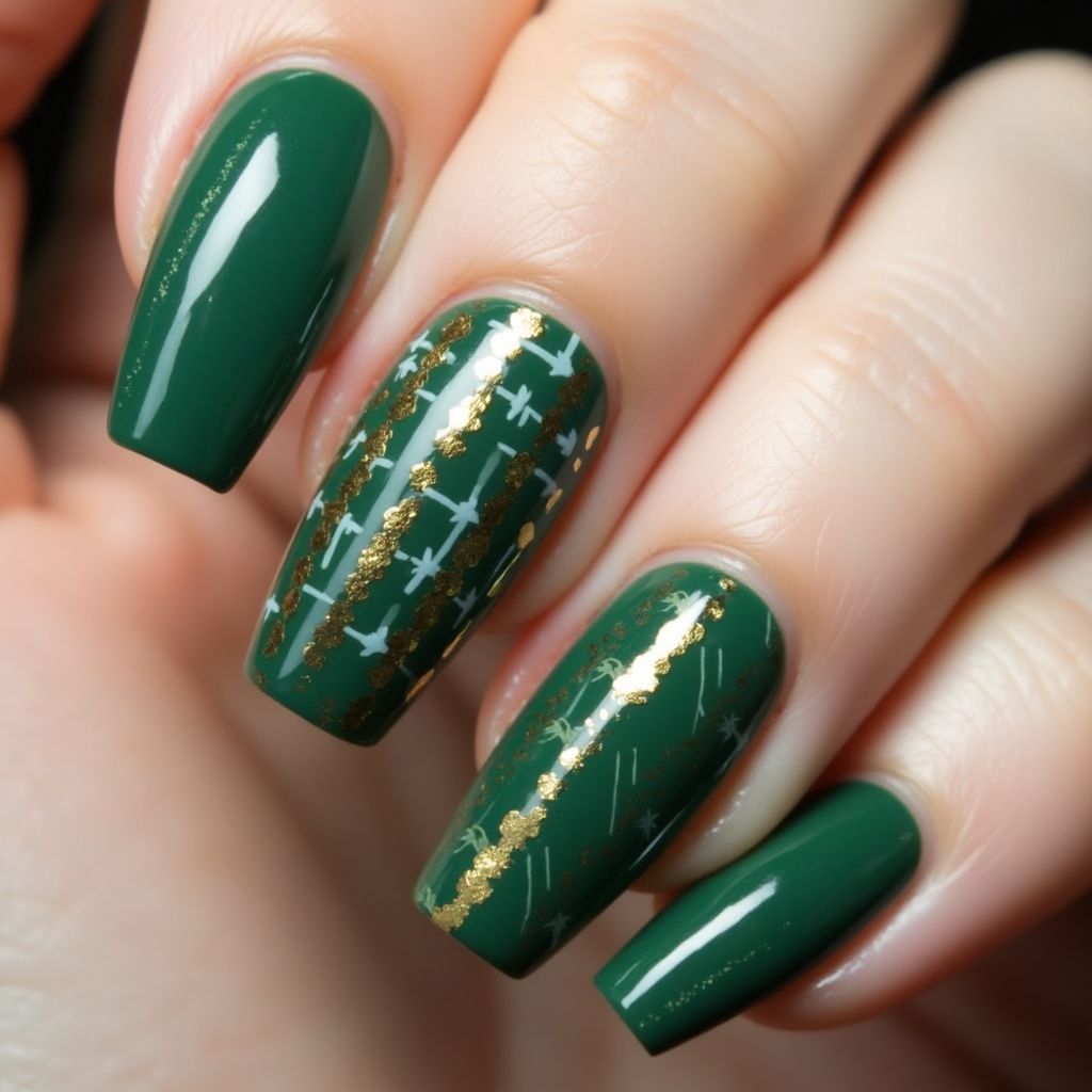 Emerald Green Stripes And Lines Nail Design
