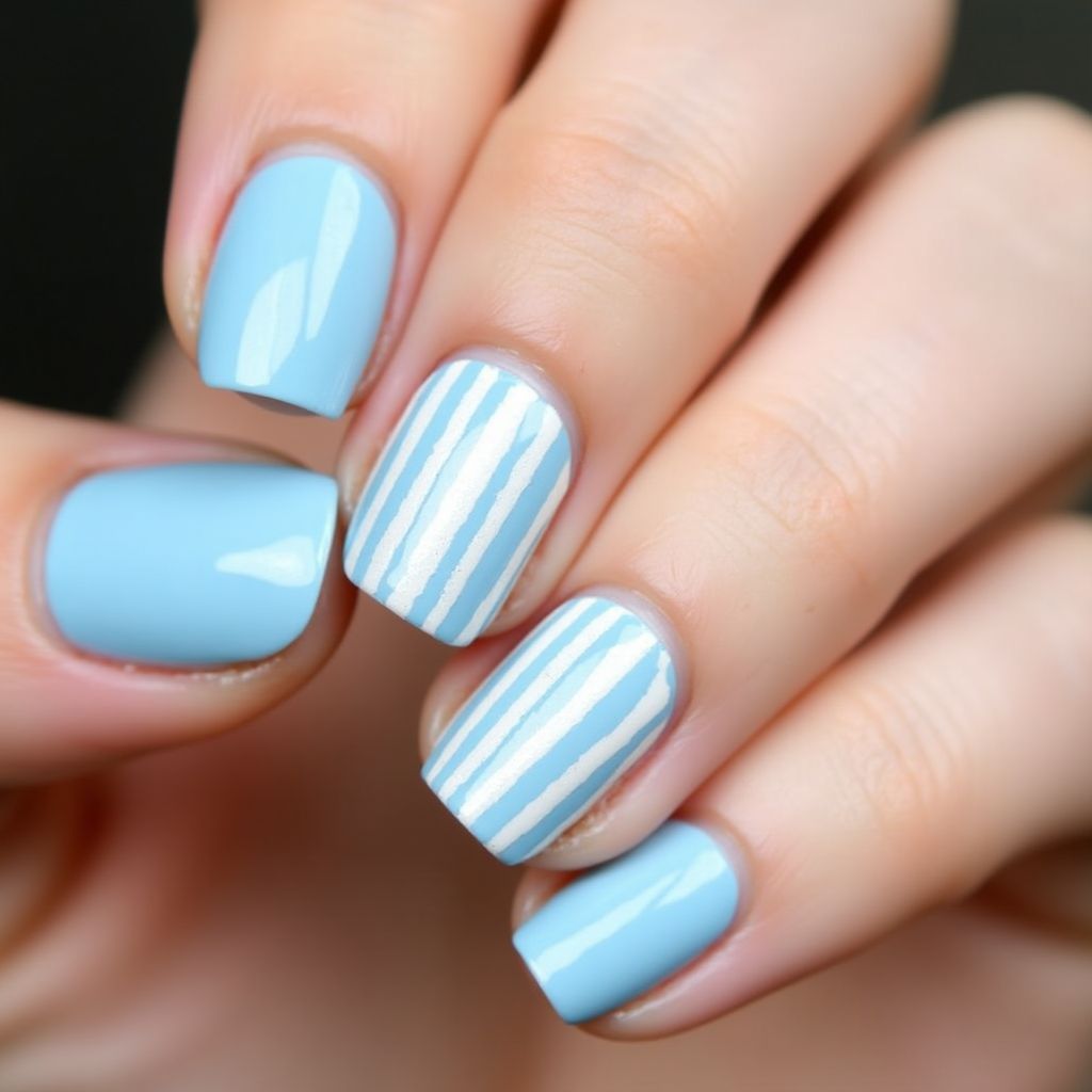 Pastel Blue Stripes And Lines Nail Design