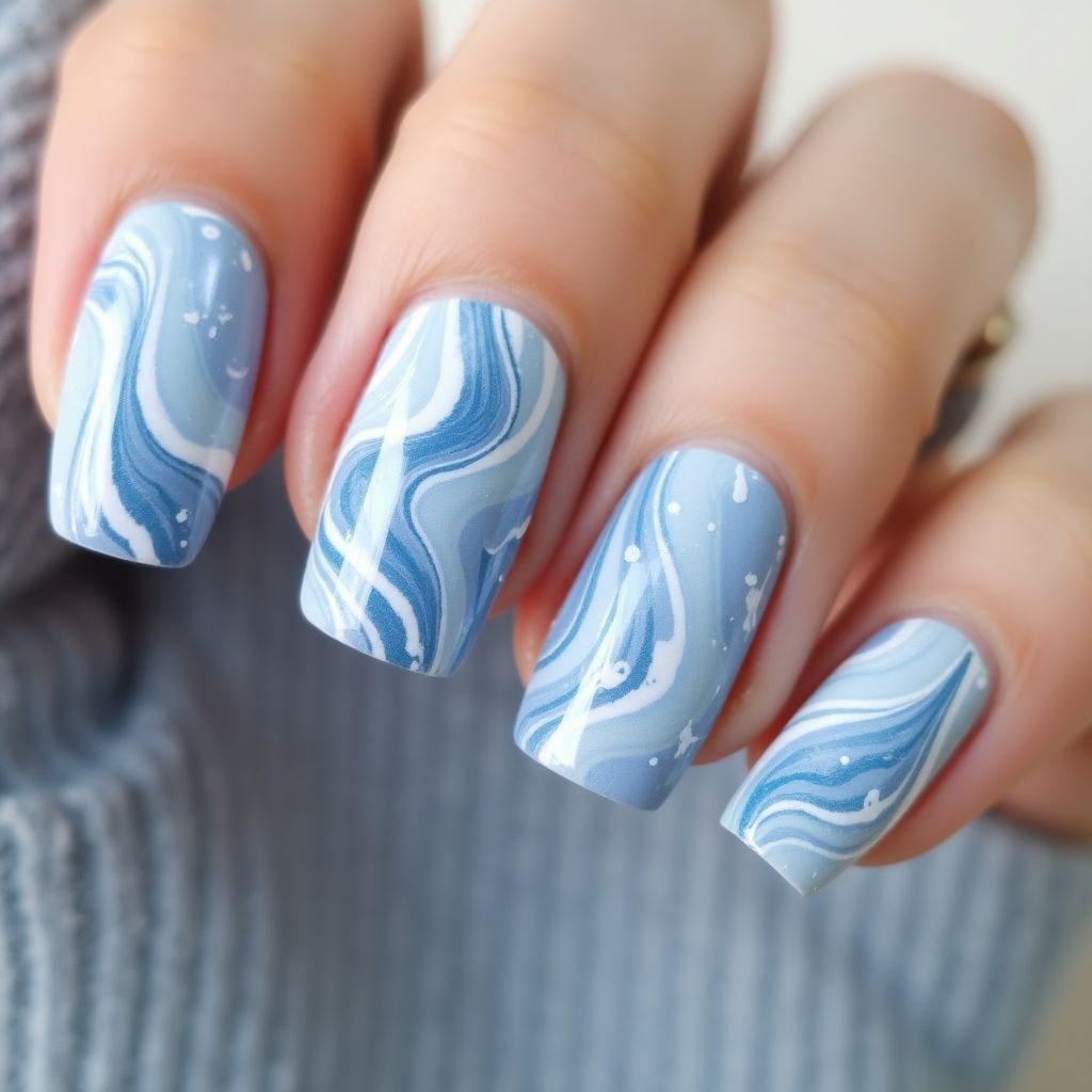 Pastel Blue Water Marbling Nail Design