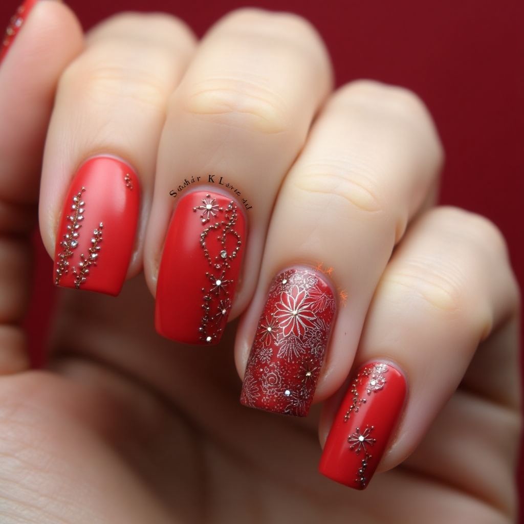 Red Freehand Art Nail Design