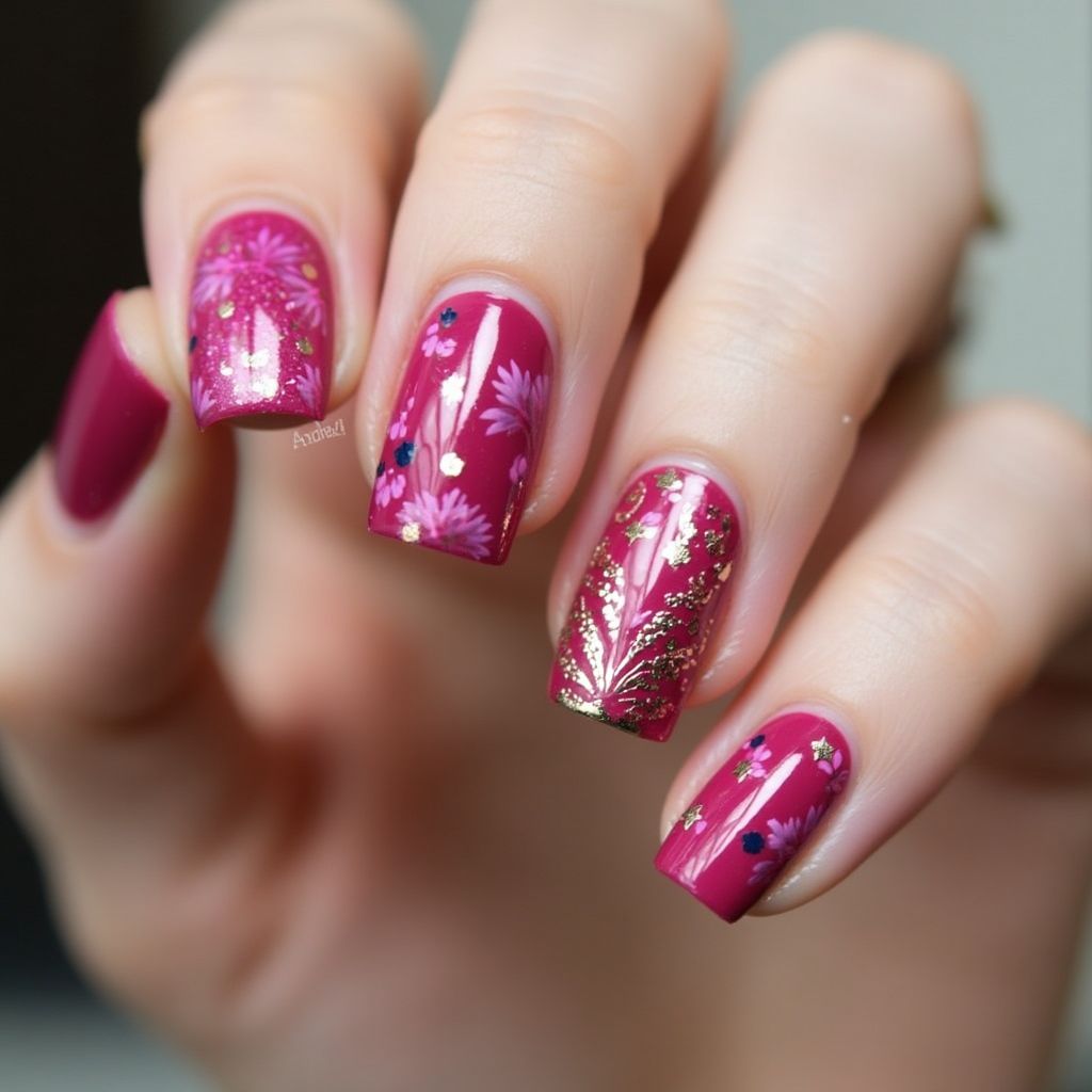 Fuchsia Freehand Art Nail Design