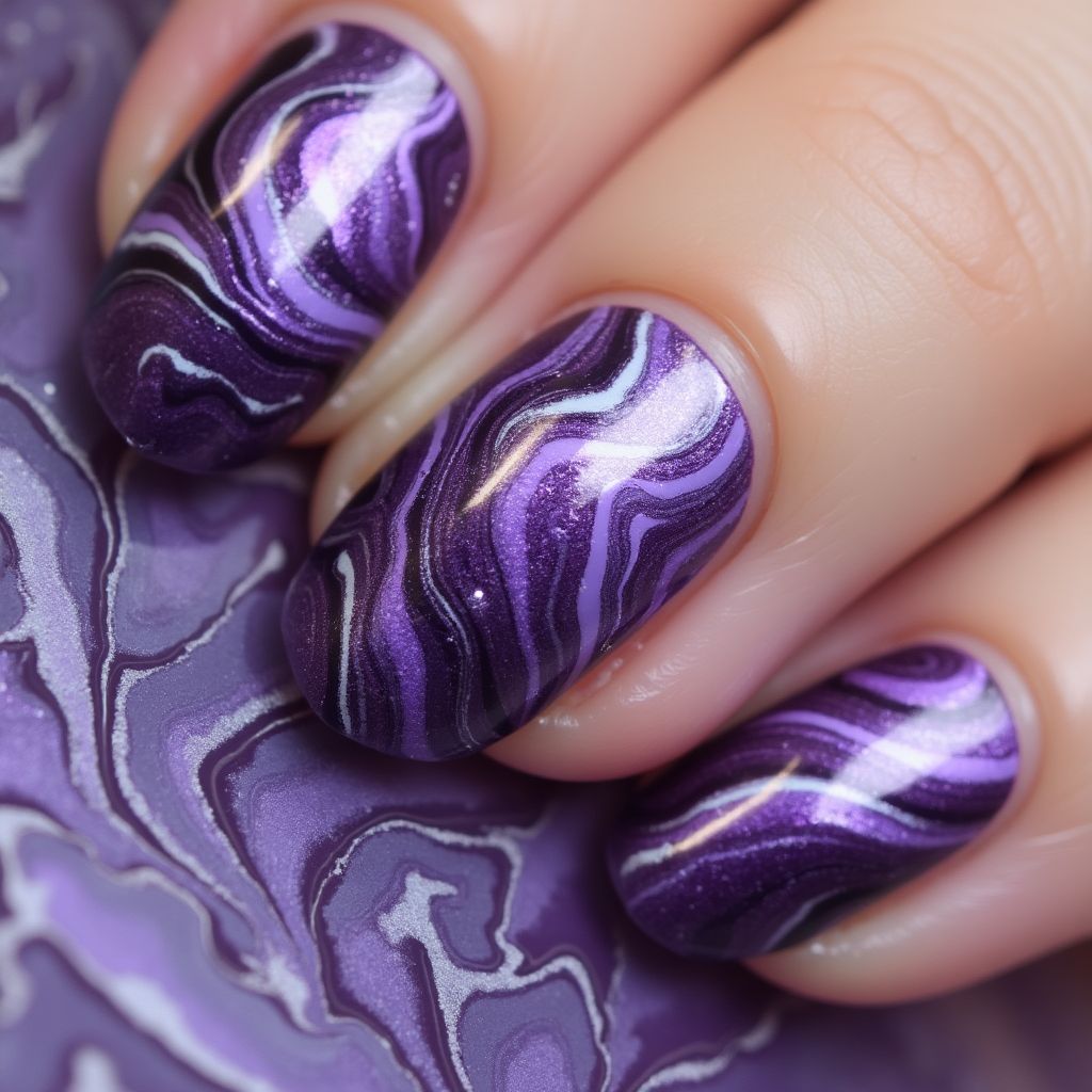 Purple Water Marbling Nail Design