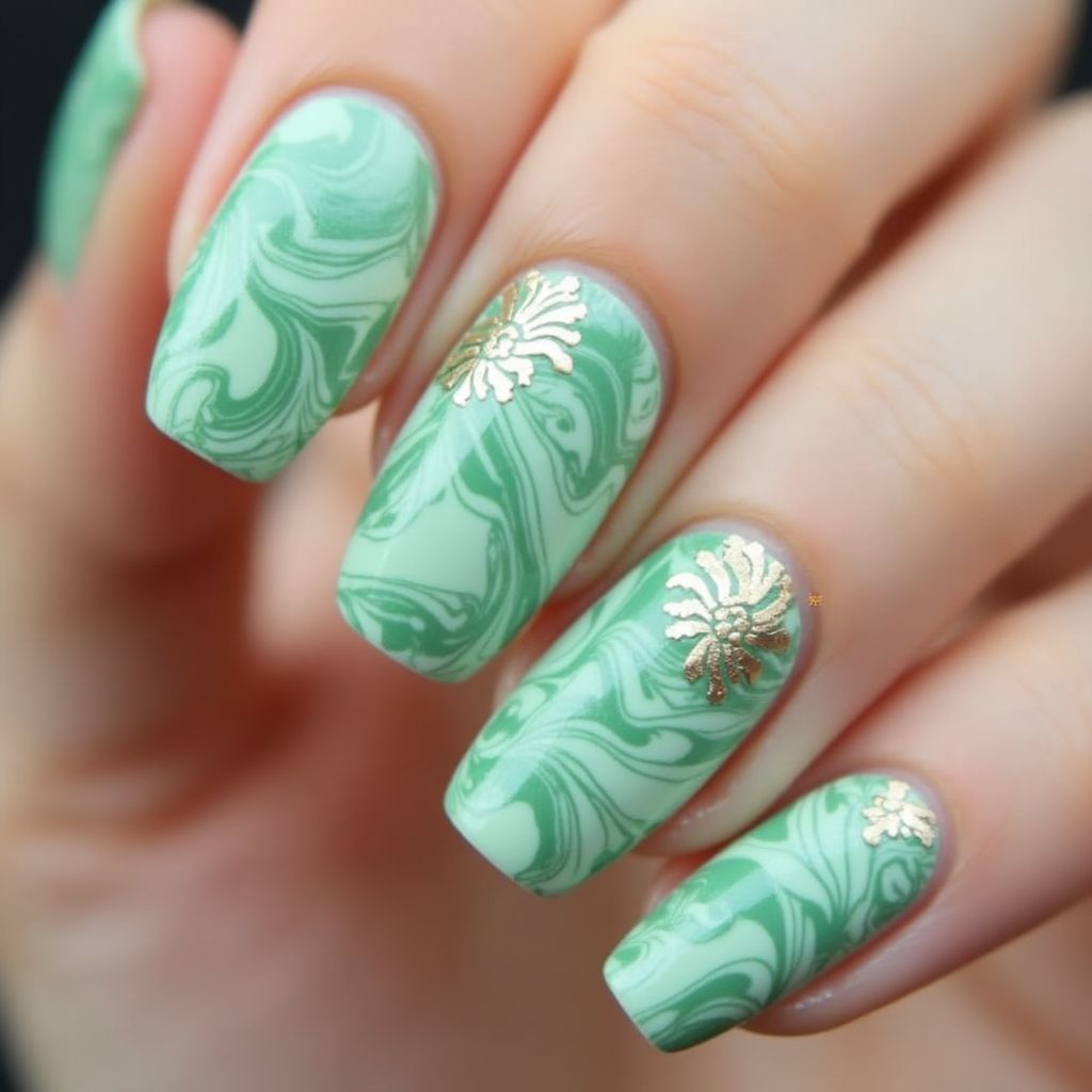 Mint Green Water Marbling Nail Design