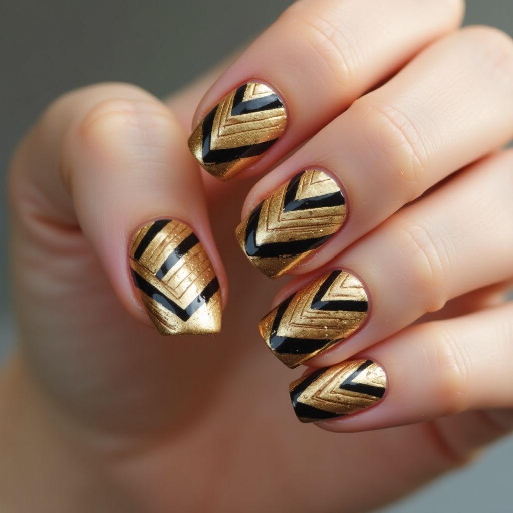 Gold Stripes And Lines Nail Design