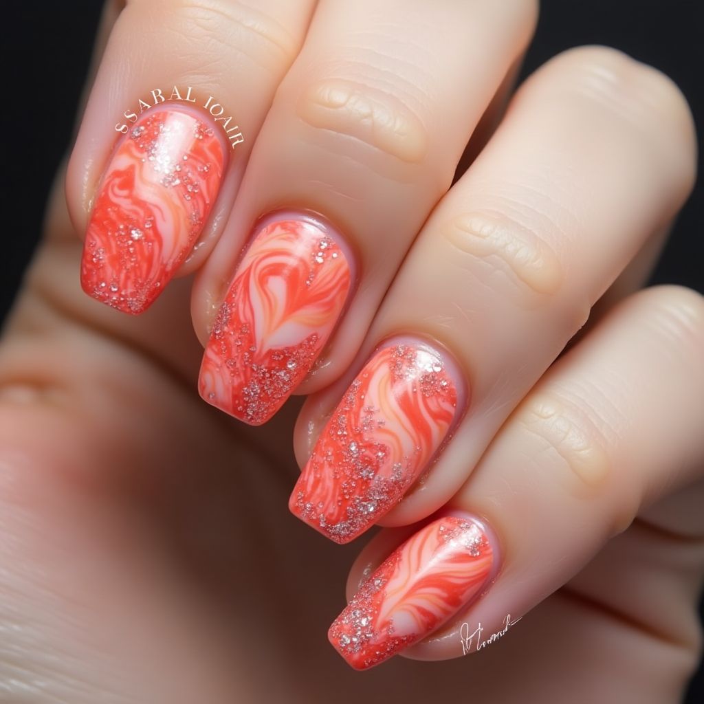 Coral Water Marbling Nail Design
