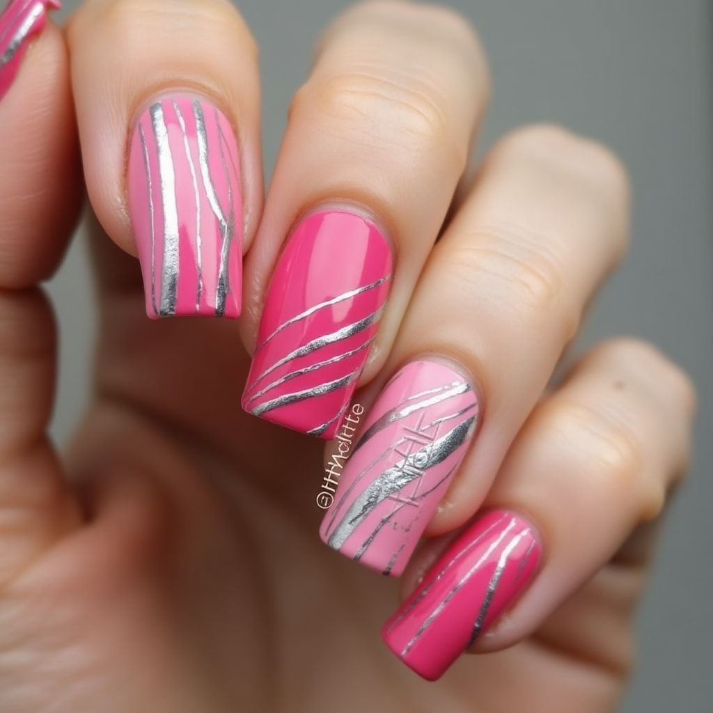Hot Pink Stripes And Lines Nail Design