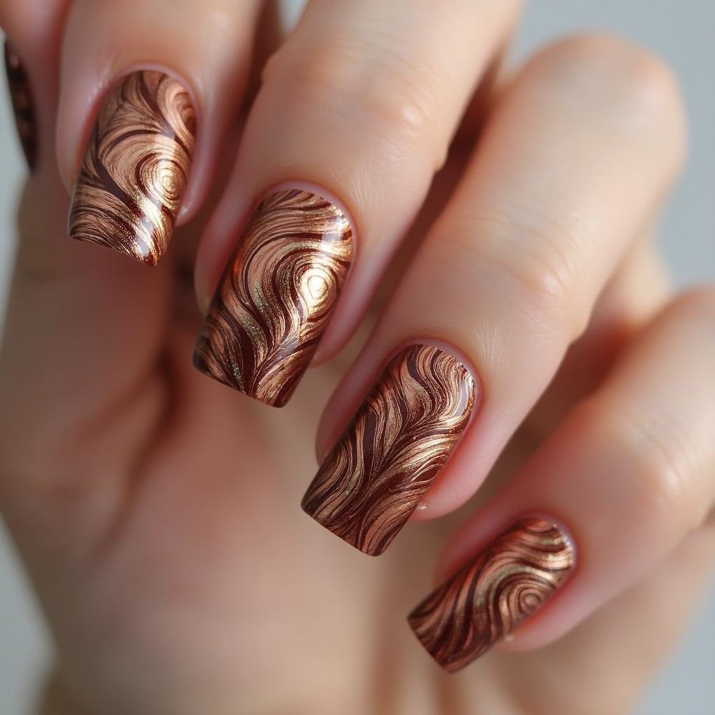 Copper Water Marbling Nail Design
