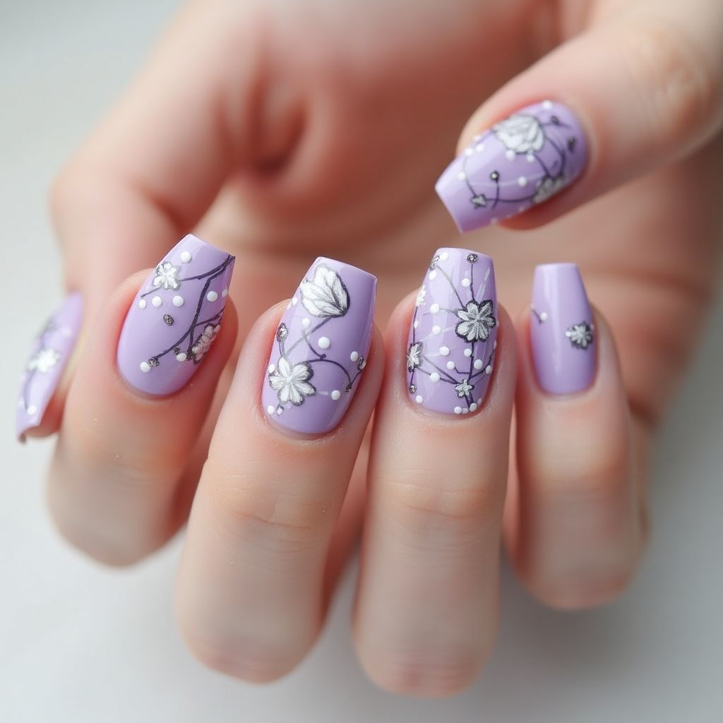 Pastel Purple Freehand Art Nail Design