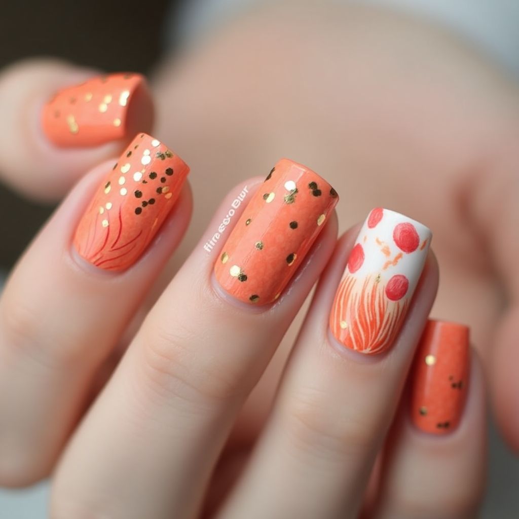 Peach Freehand Art Nail Design