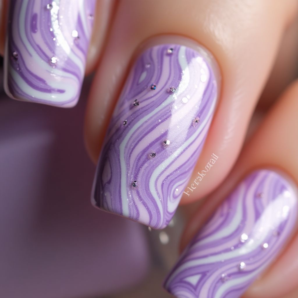 Lilac Water Marbling Nail Design