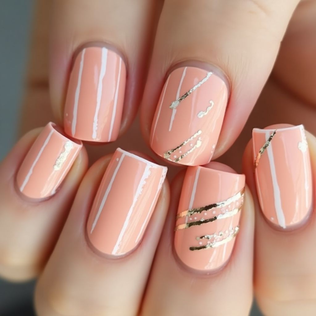 Peach Stripes And Lines Nail Design