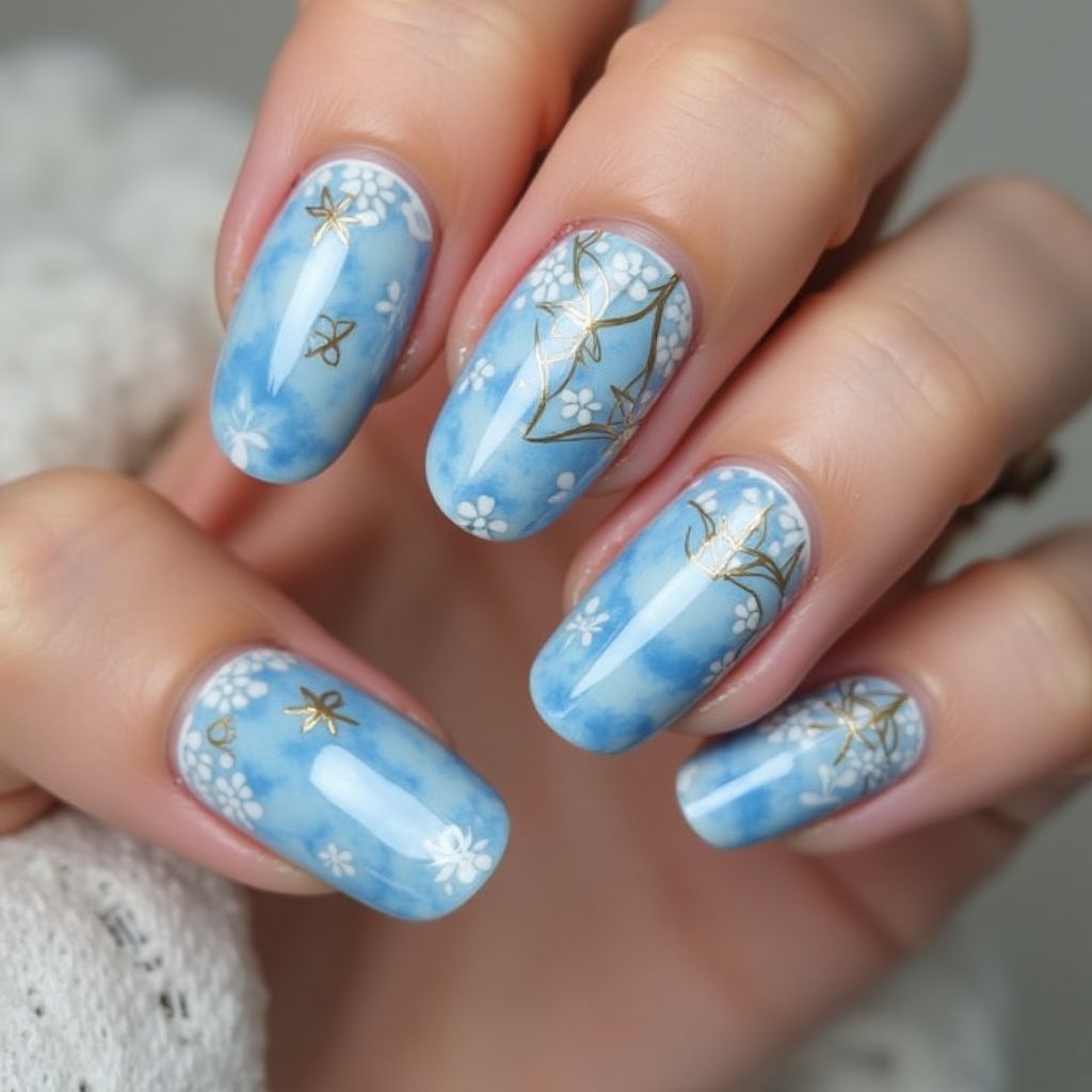 Baby Blue Water Marbling Nail Design