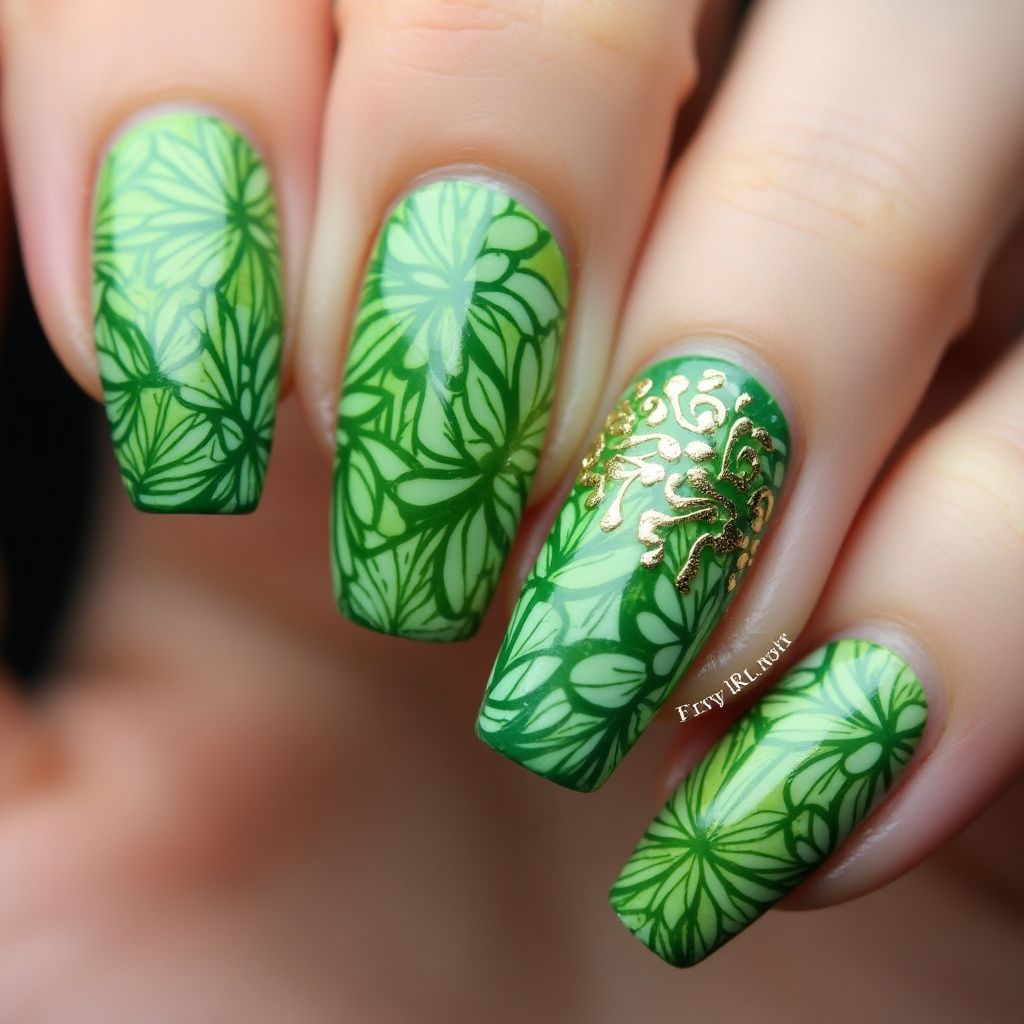 Green Freehand Art Nail Design