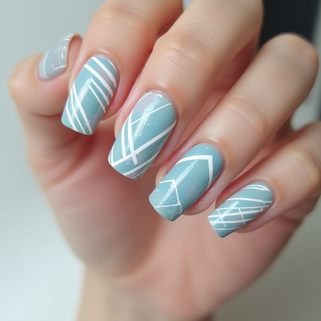 Pastel Blue Stripes And Lines Nail Design