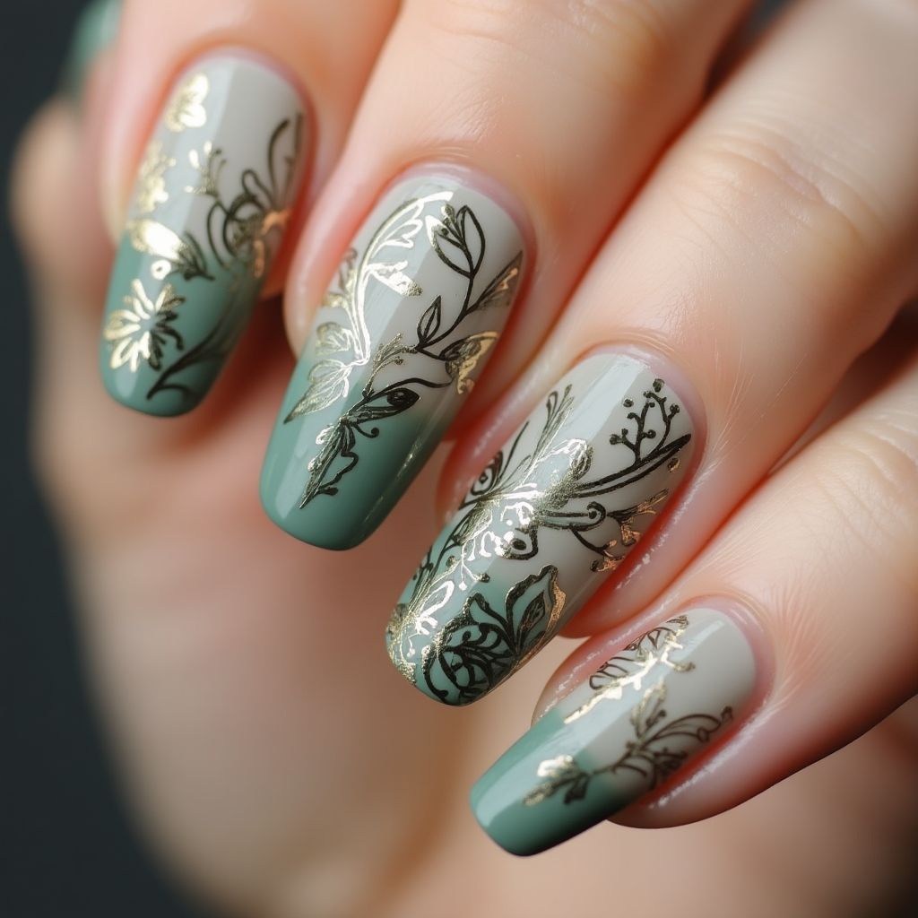 Olive Green Freehand Art Nail Design