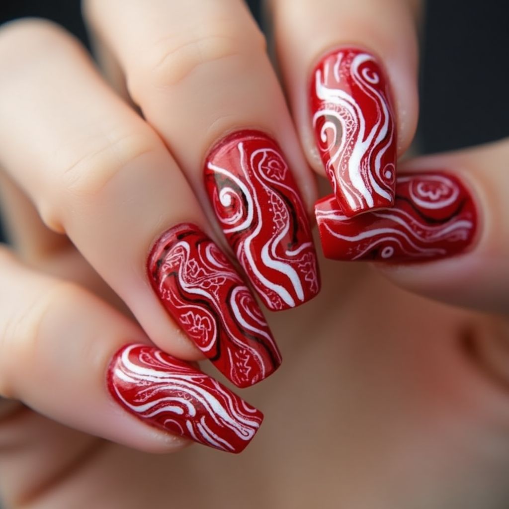 Red Water Marbling Nail Design