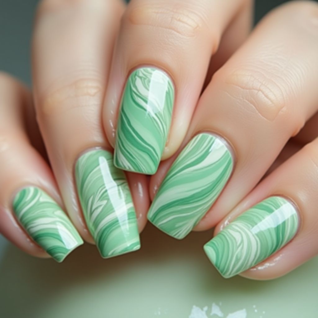 Pastel Green Water Marbling Nail Design