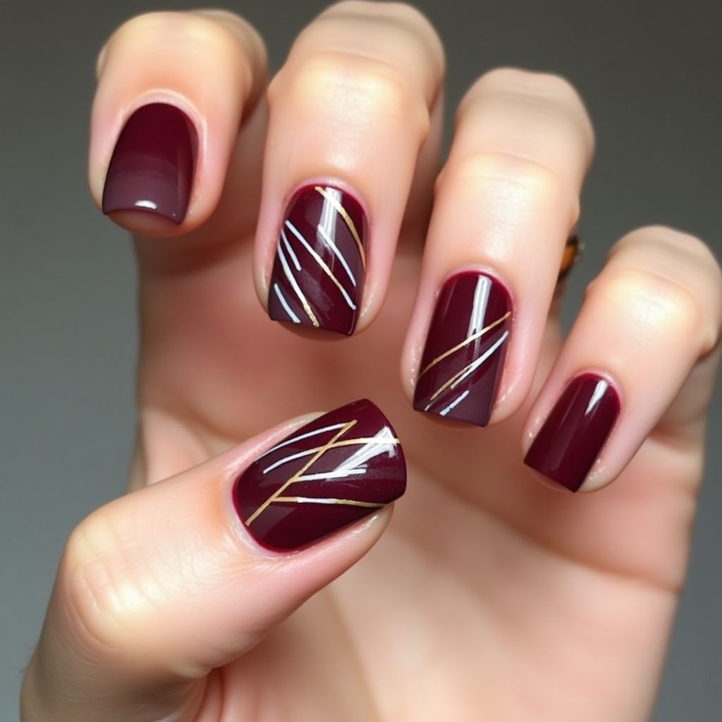 Burgundy Stripes And Lines Nail Design