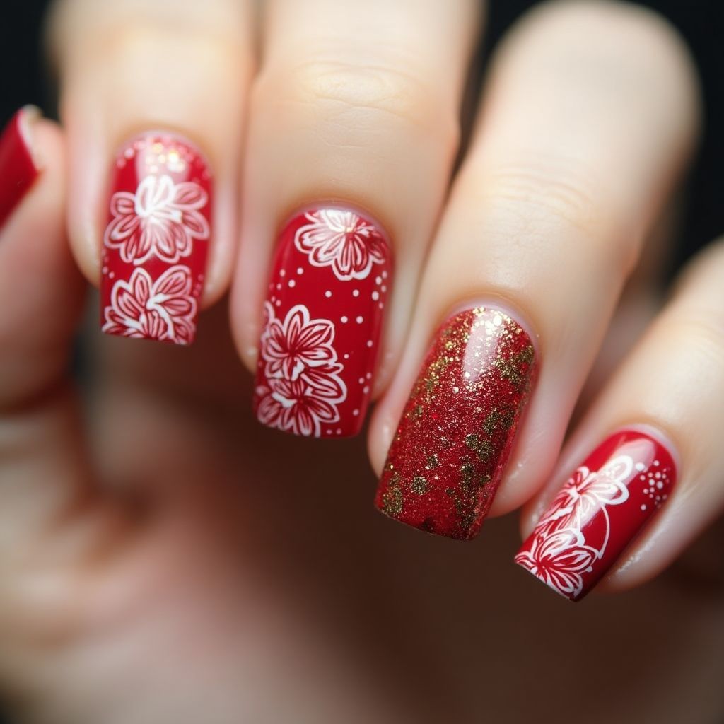 Red Freehand Art Nail Design