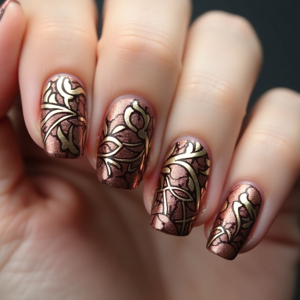 Bronze Freehand Art Nail Design