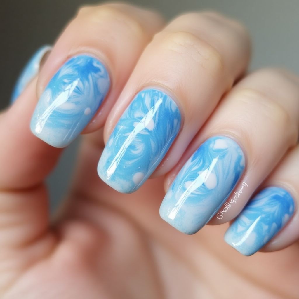 Pastel Blue Water Marbling Nail Design